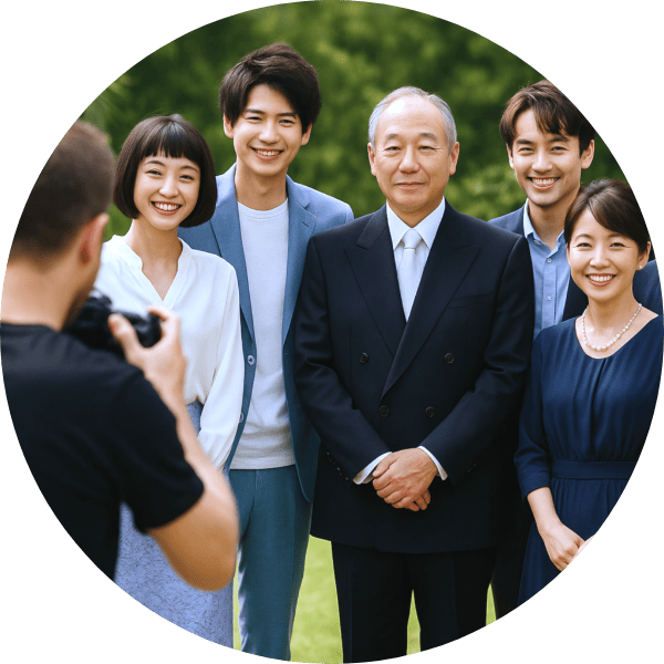 新郎新婦とご家族で家族写真撮影